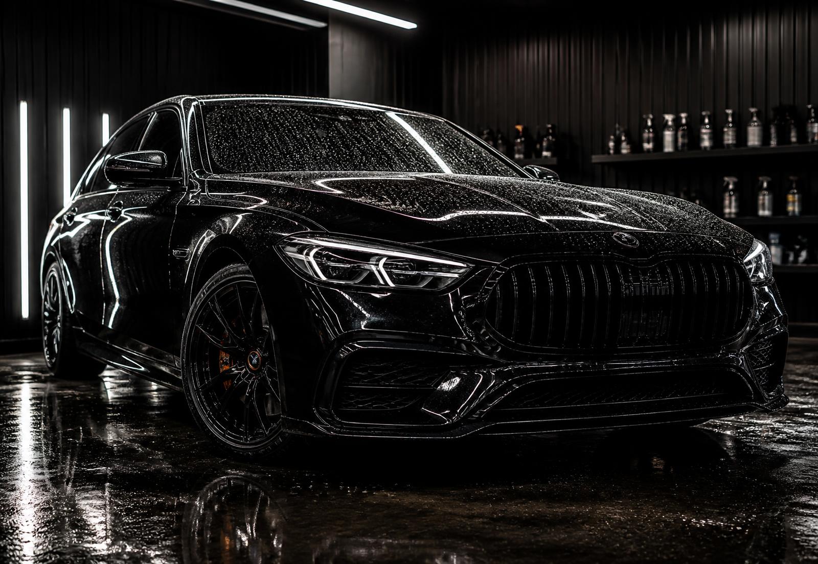 Glossy black car freshly detailed under studio lighting